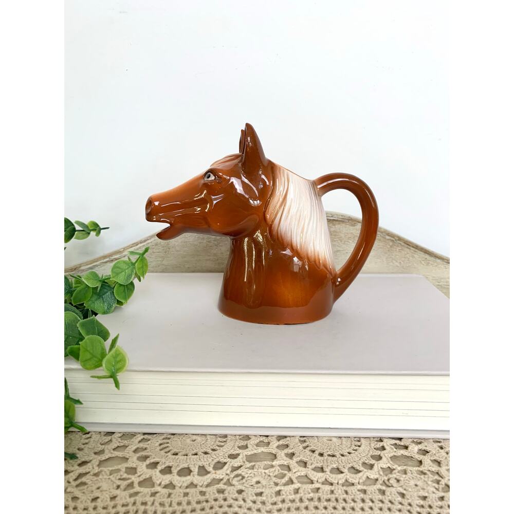 Vintage Horse Head Creamer Pitcher Brown Ceramic Mini Vase Equestrian Cottage